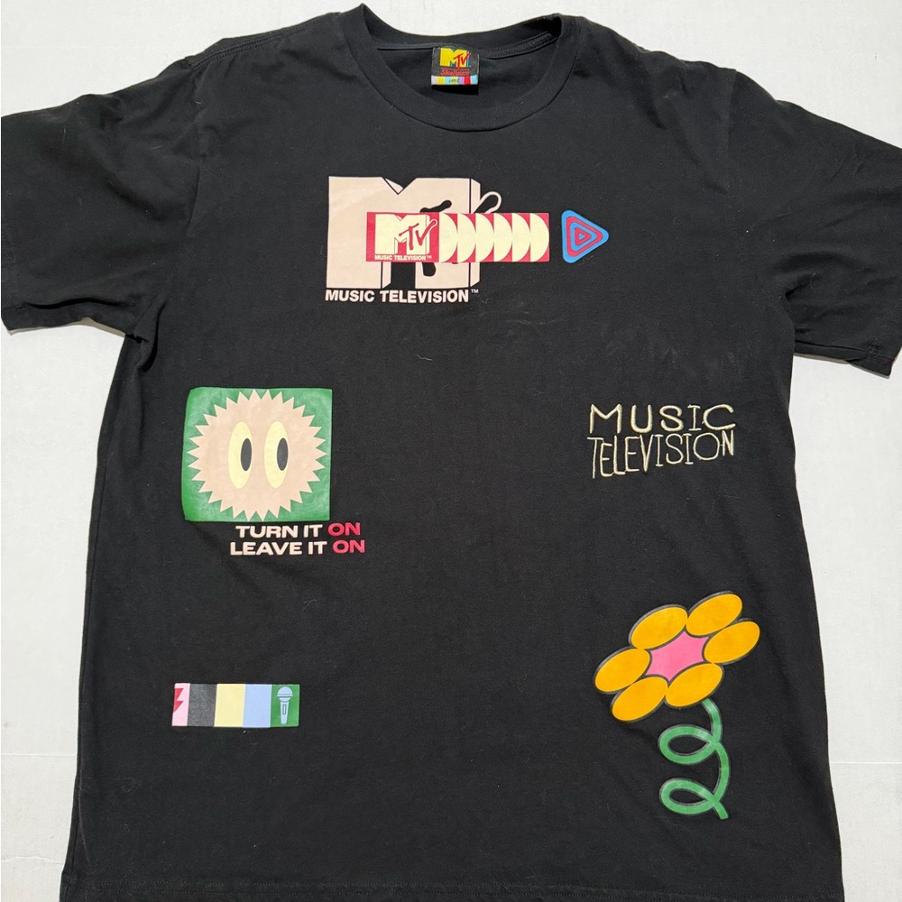 mtv music television front&back print black tee, men's large t-shirt
